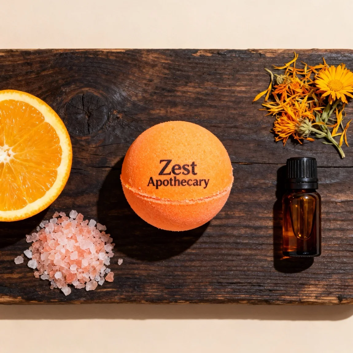 This is a beautifully arranged flat lay photo that visually breaks down a single bath bomb into its fresh, natural key ingredients. - product photo ai