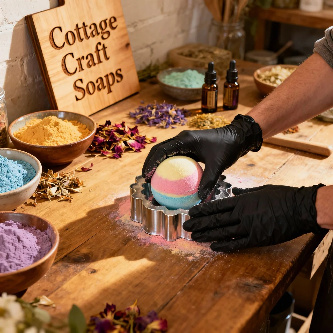 This is a behind-the-scenes, workshop-style image capturing the hands-on, artisanal process of crafting a bath bomb. - ai generated product shot