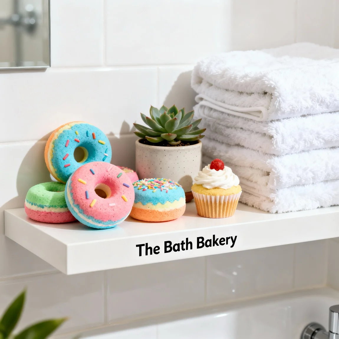 This is a staged 'shelfie' shot demonstrating how the fun, decorative bath bombs can enhance a bathroom's aesthetic. - photoshoot by ai