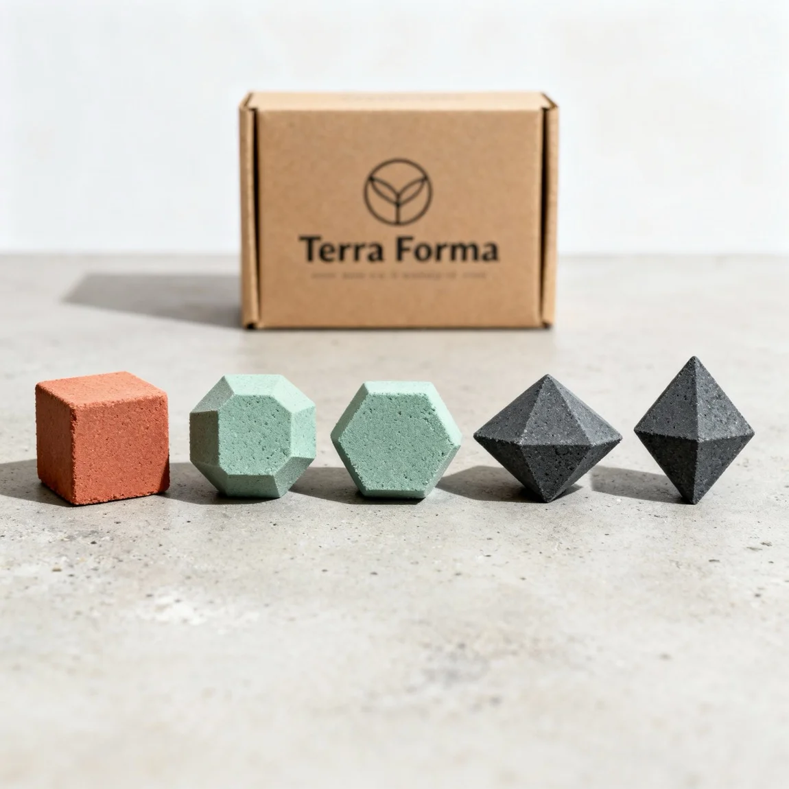 This is a clean, organized product lineup shot that showcases the unique shapes and variety of bath bombs available from a modern brand. - product photography ai