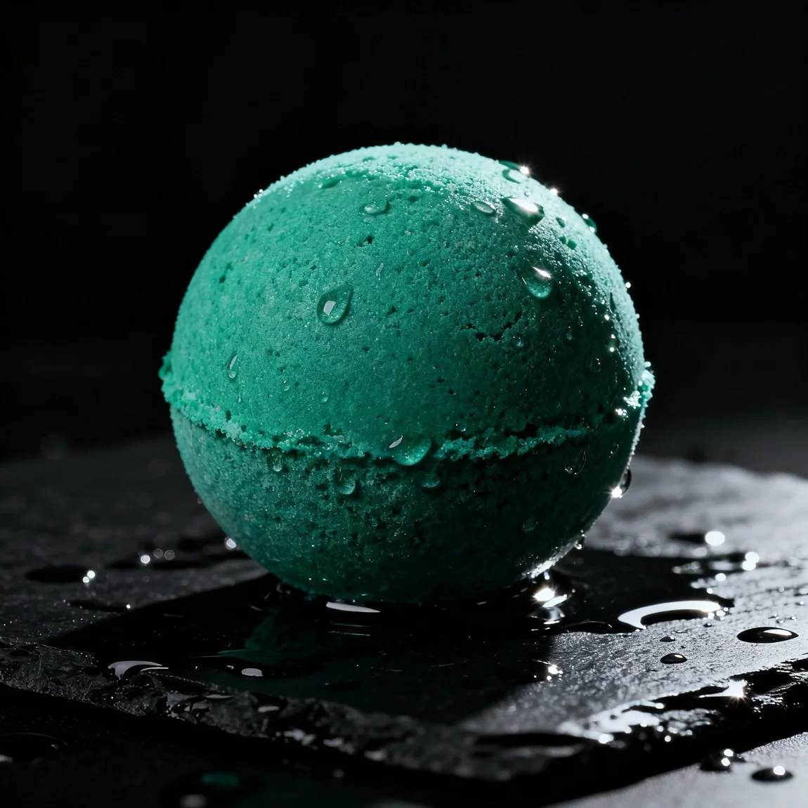 This is a dramatic, high-contrast macro shot that makes a single, richly colored bath bomb the undisputed hero of the image. - ai ecommerce photos