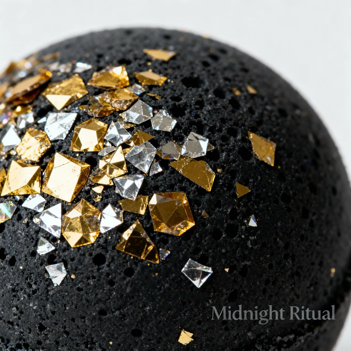 This is an abstract, extreme macro shot focusing intensely on the unique texture and glittery surface of a luxurious bath bomb. - ai product images for ecommerce