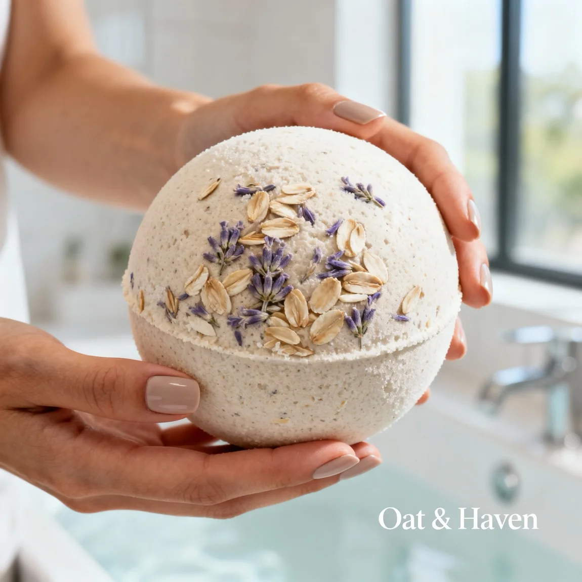 This is a personal, tactile shot focusing on a pair of hands holding the bath bomb to clearly and relatably demonstrate its scale and texture. - ai lifestyle product photo