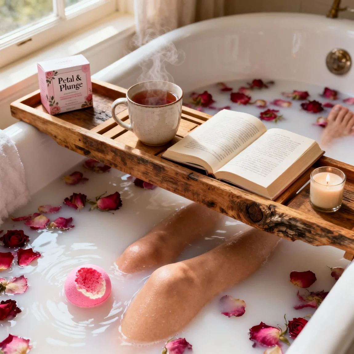 This is an atmospheric lifestyle photo portraying a person enjoying a tranquil bath, with the product as the centerpiece of a complete self-care ritual. | ai product photo