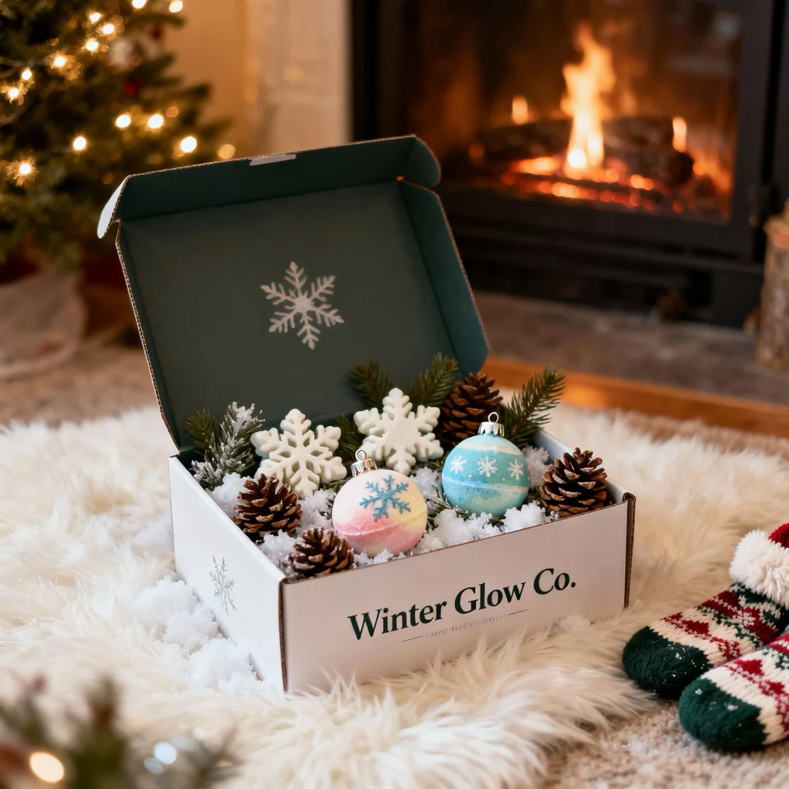 This is a cozy, seasonal lifestyle photo showcasing a festive bath bomb gift set in a warm, holiday-themed environment. - ai product mockup