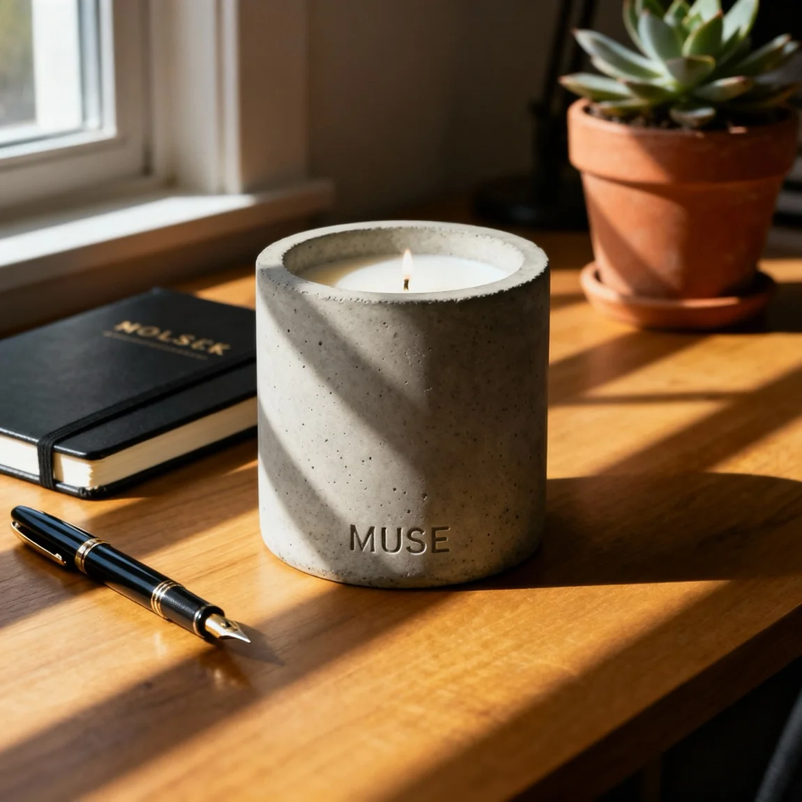 This shot features the candle in an inspiring workspace, suggesting it aids creativity and focus. - ai product photography