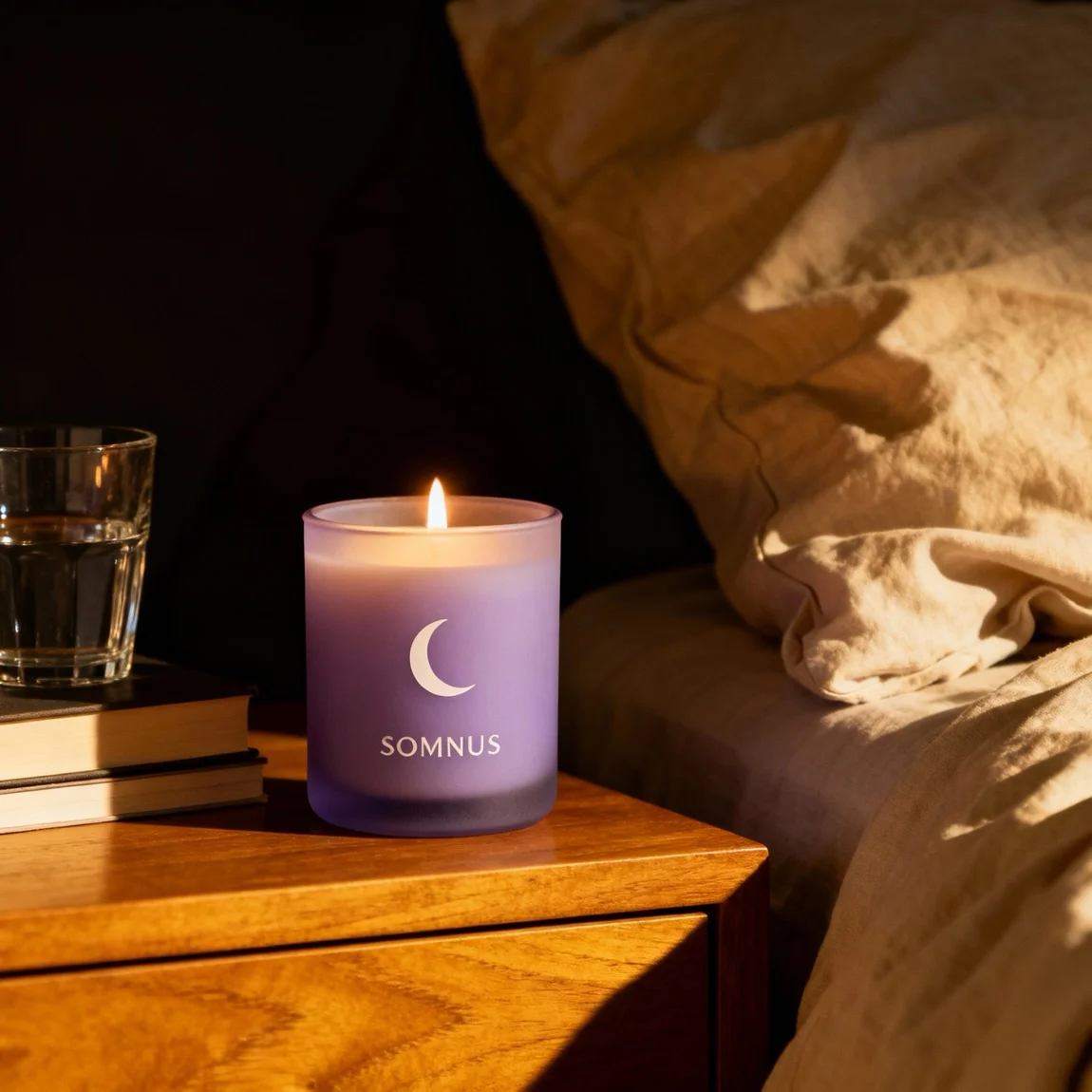 This is a moody, atmospheric shot of a candle on a nightstand, creating a perfect bedtime ritual scene. - ai product photography