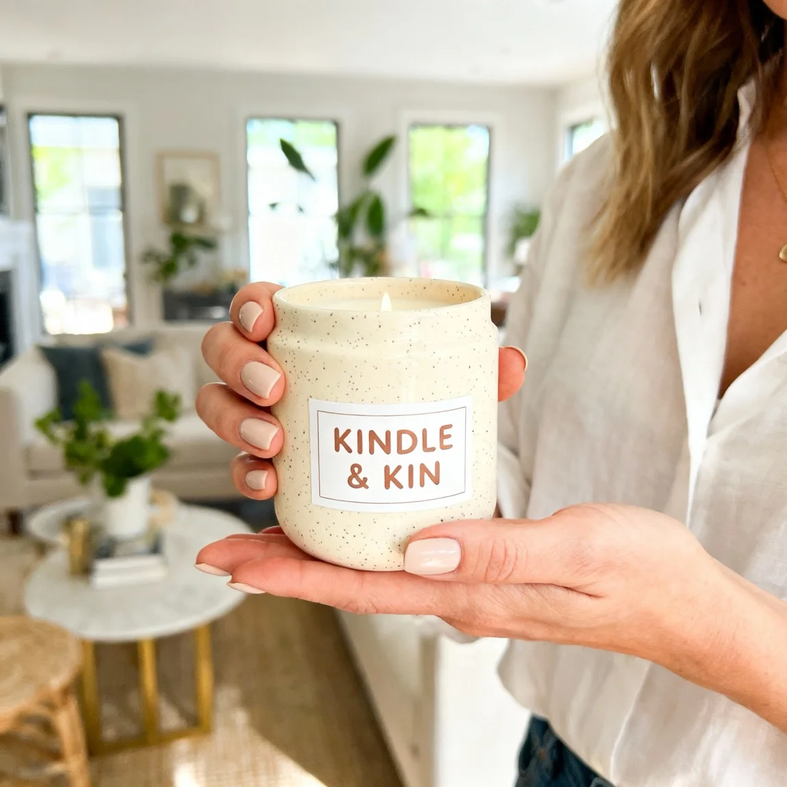 This is a relatable, user-generated-content-style shot where a person is holding and presenting the candle. - ai product photography