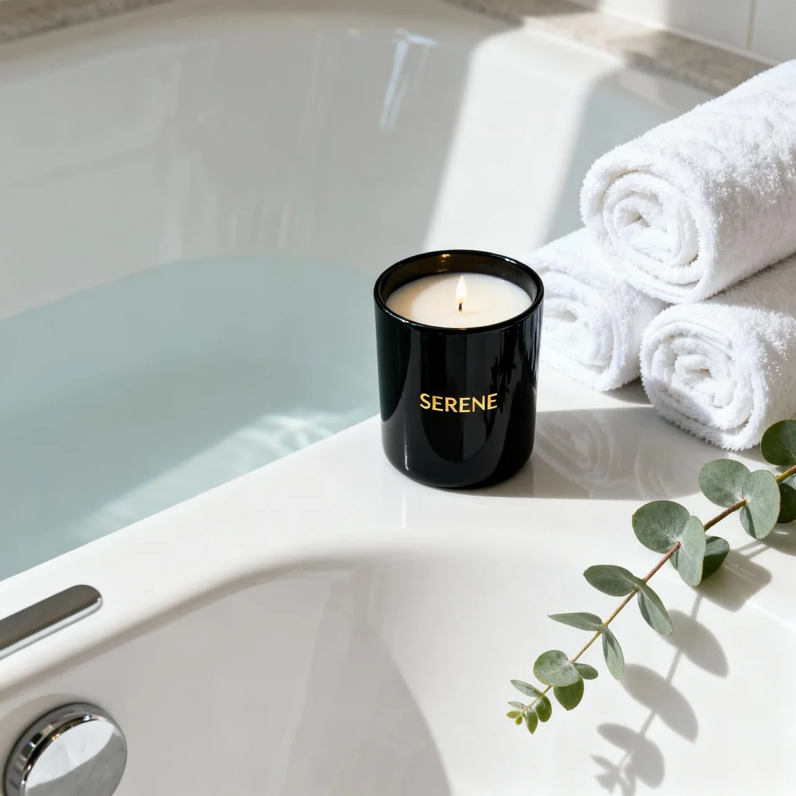 This is a high-angle shot capturing a candle in a bright, clean, spa-like bathroom environment. - ai product photography