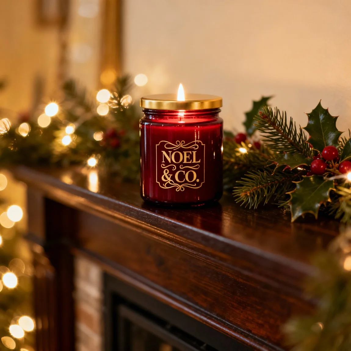 This is a warm and festive photo showcasing the candle as a centerpiece of holiday decor. - ai product photography