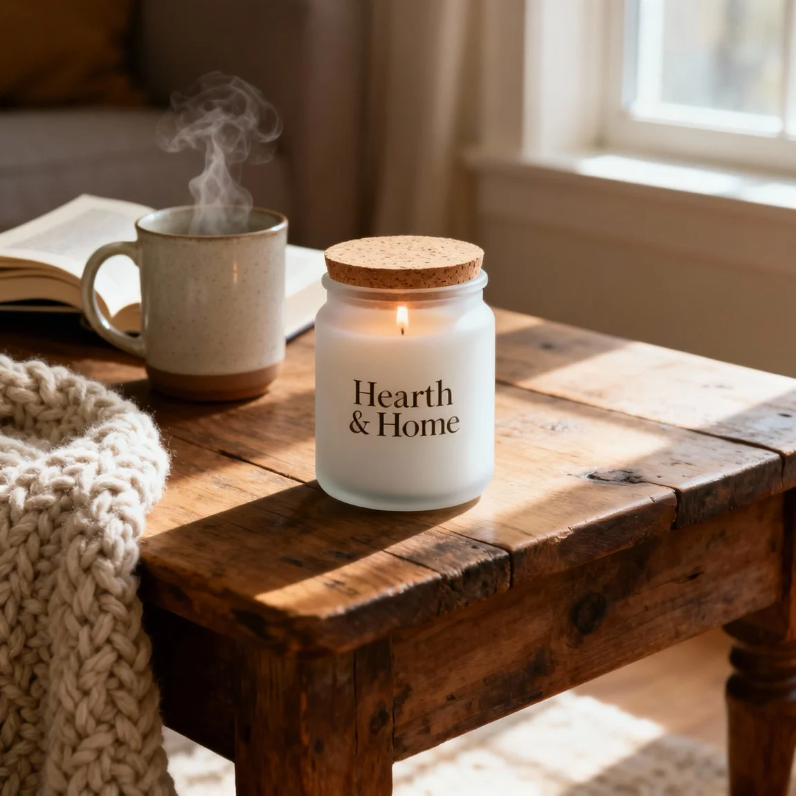 This lifestyle shot places the candle in a cozy, relatable living room setting to evoke feelings of comfort and relaxation. - ai product photography