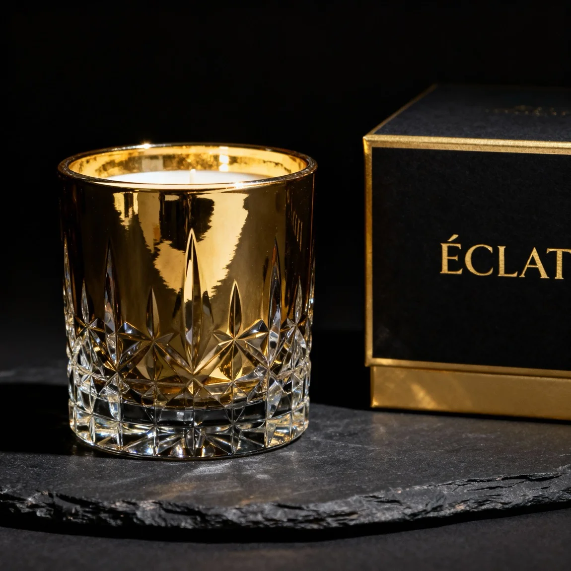 This is a sophisticated shot showcasing both the luxury candle and its premium packaging to emphasize its high-end quality. - ai product photography
