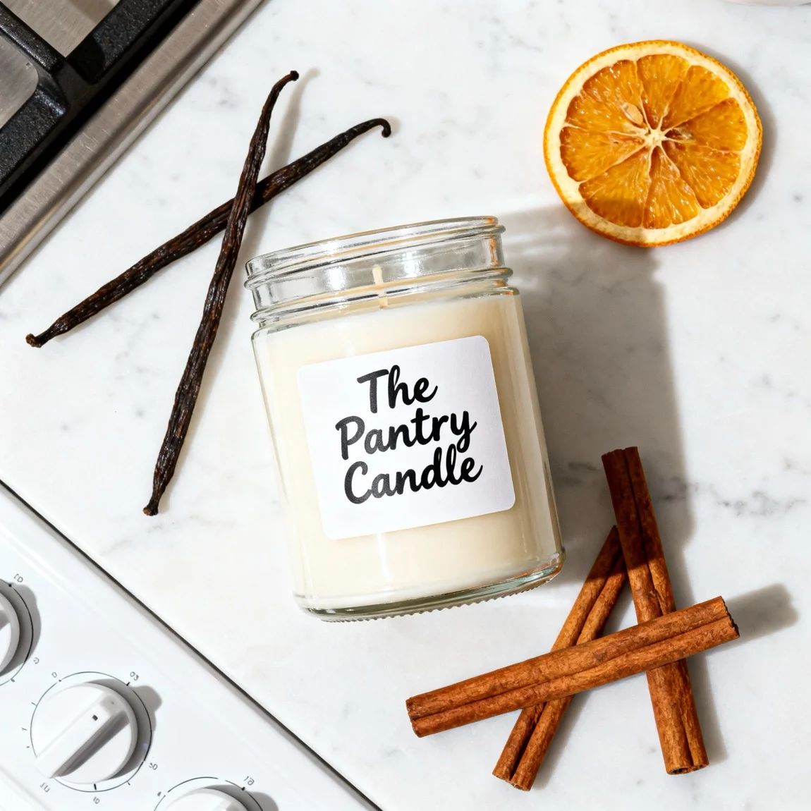 This is a top-down flat lay photograph displaying the candle alongside the natural ingredients that inspire its scent. - ai product photography