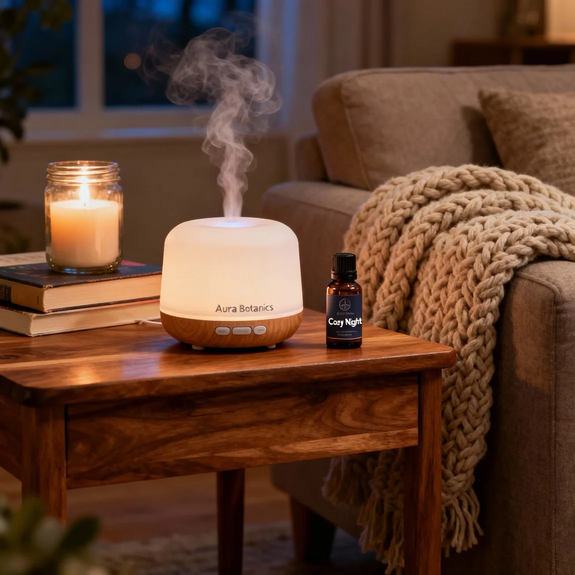 This image creates a warm and inviting atmosphere by showing the essential oil being used in a comfortable, everyday home setting. - ai lifestyle product photo