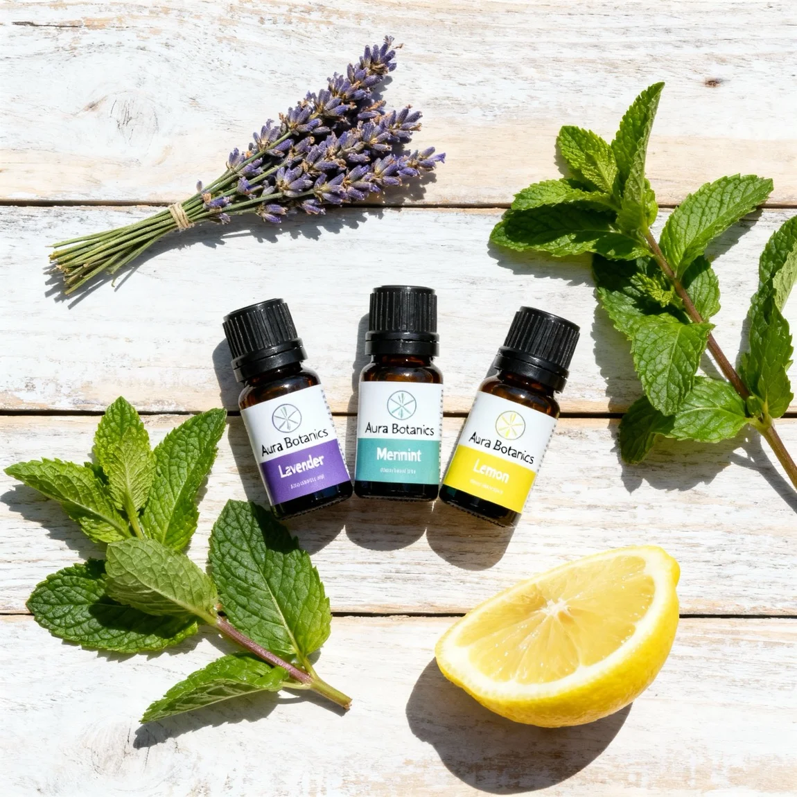 This is an organized, top-down flat lay shot that beautifully arranges the product with its raw, natural ingredients. | ai product photo