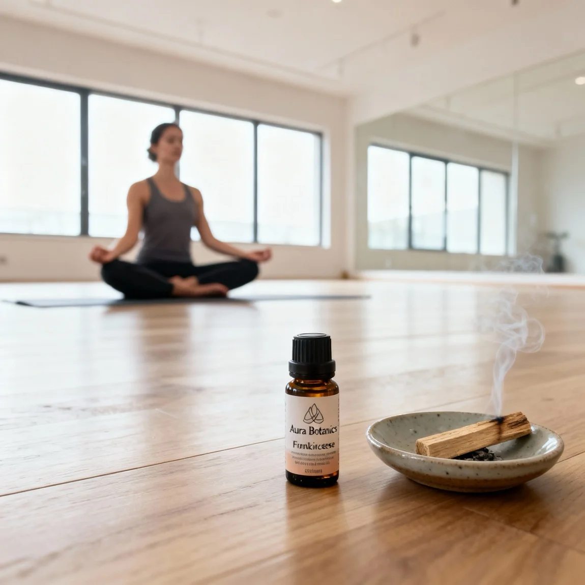 The essential oil is positioned as a key element in a yoga or meditation practice to enhance focus and spirituality. - ai product mockup