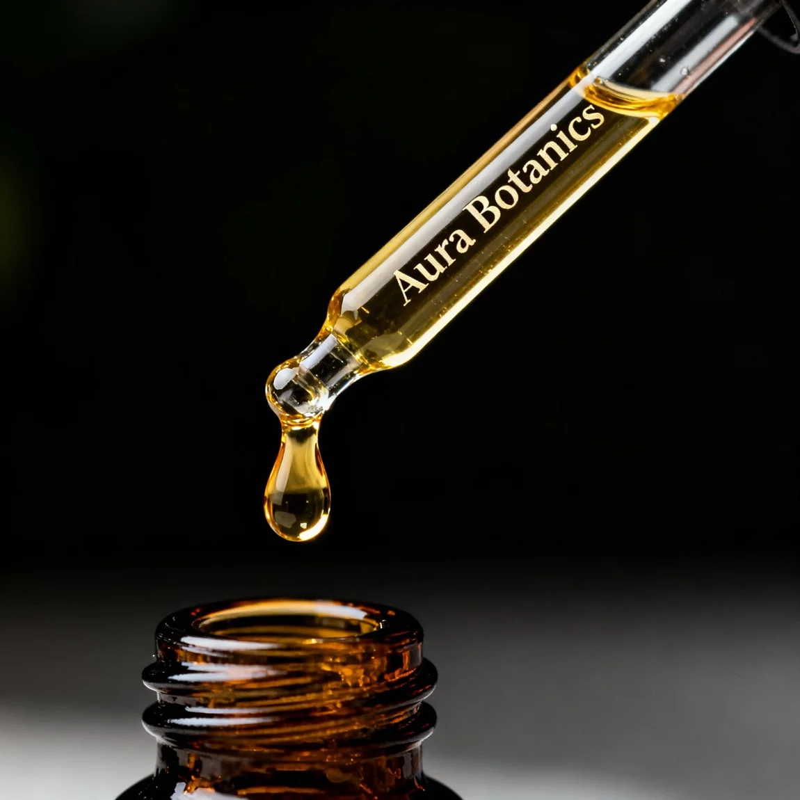 A dramatic macro photograph that highlights the pure quality and rich viscosity of the essential oil itself. - photoshoot by ai