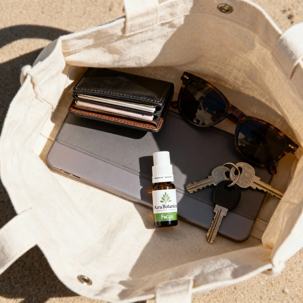 This lifestyle shot shows the product's portability and convenience as part of a person's daily essentials. - ai ecommerce photos