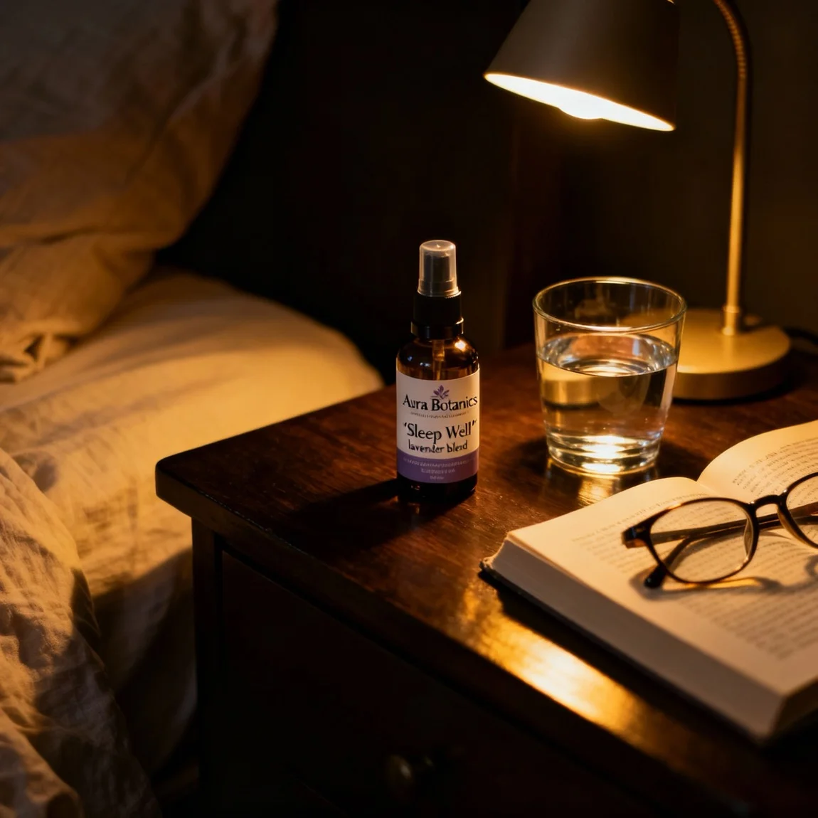 This is a moody lifestyle shot showing the essential oil as part of a calming nighttime routine to promote sleep. - ai etsy product photos