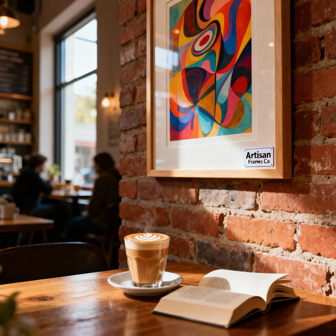 A framed abstract print hangs in a stylish cafe, creating a cultured and aspirational ambiance. - ai product photography