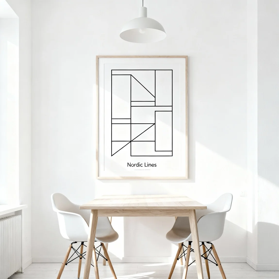 A minimalist geometric print is showcased in a bright, clean, and perfectly balanced Scandinavian dining area. - ai product photography