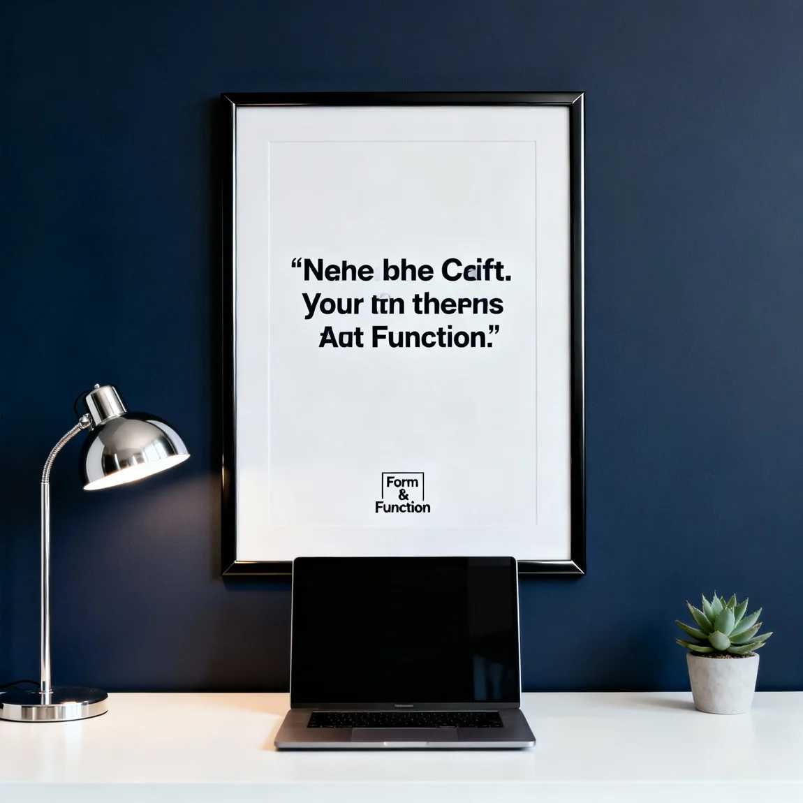 This photo showcases an inspirational framed quote print as a source of motivation within a sleek and professional home office environment. - ai product photography