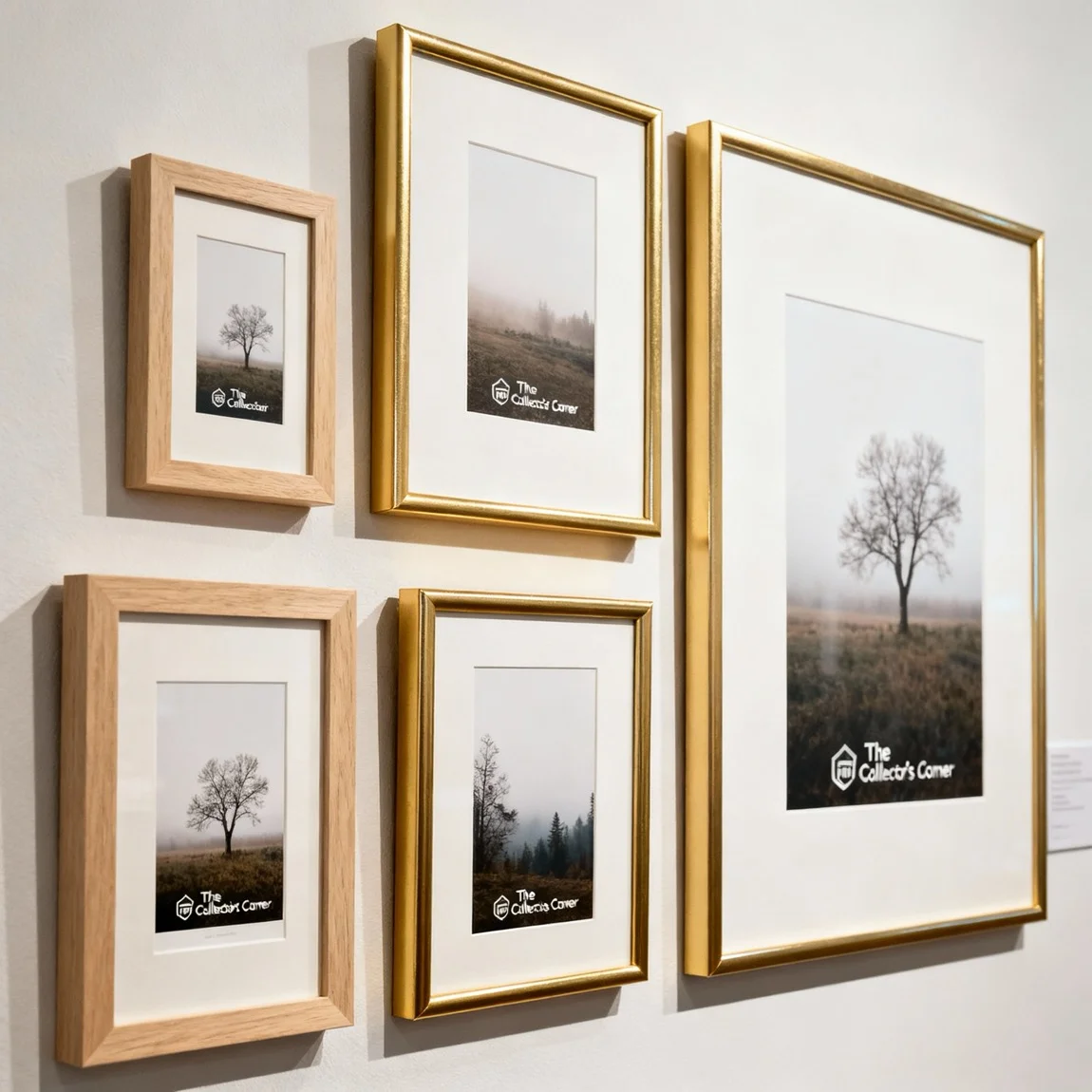 This shot is a detailed close-up of a curated gallery wall, highlighting the interplay of different frame sizes and complementary art prints. - ai product photography