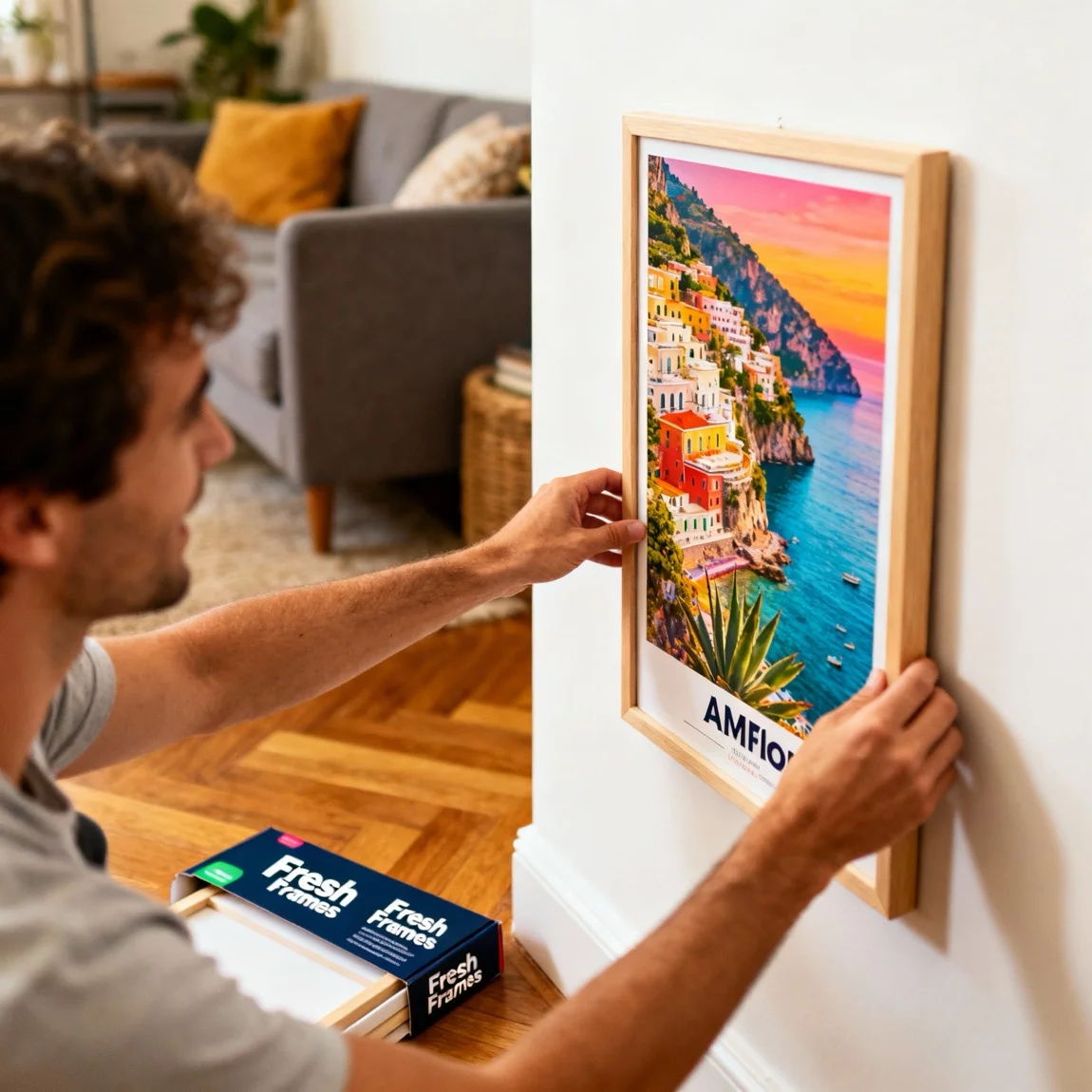 This image captures the personal and satisfying moment of a customer hanging their newly acquired framed art print on the wall. - ai product photography