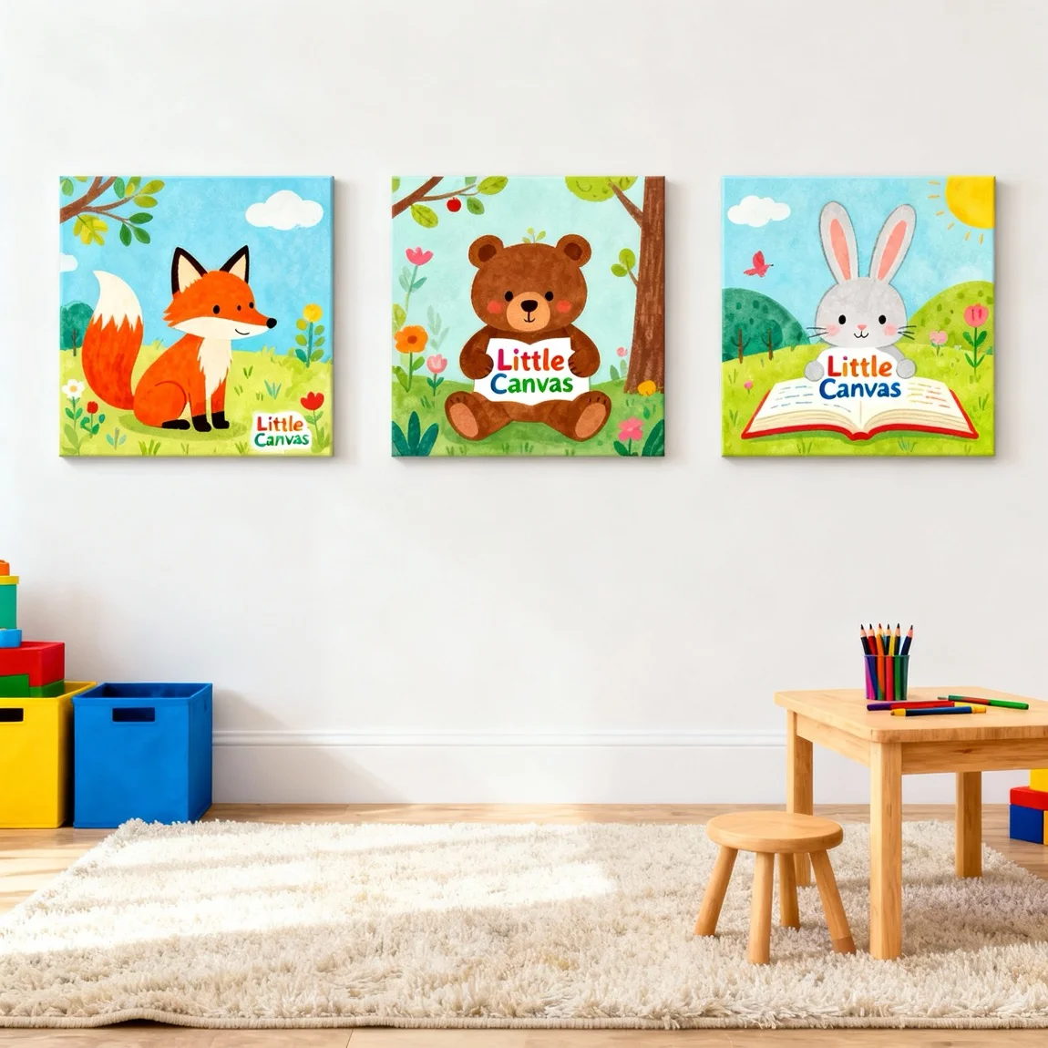 Three cheerful, framed animal prints are shown in a bright and tidy child's playroom, adding a touch of imaginative fun. - ai product photography