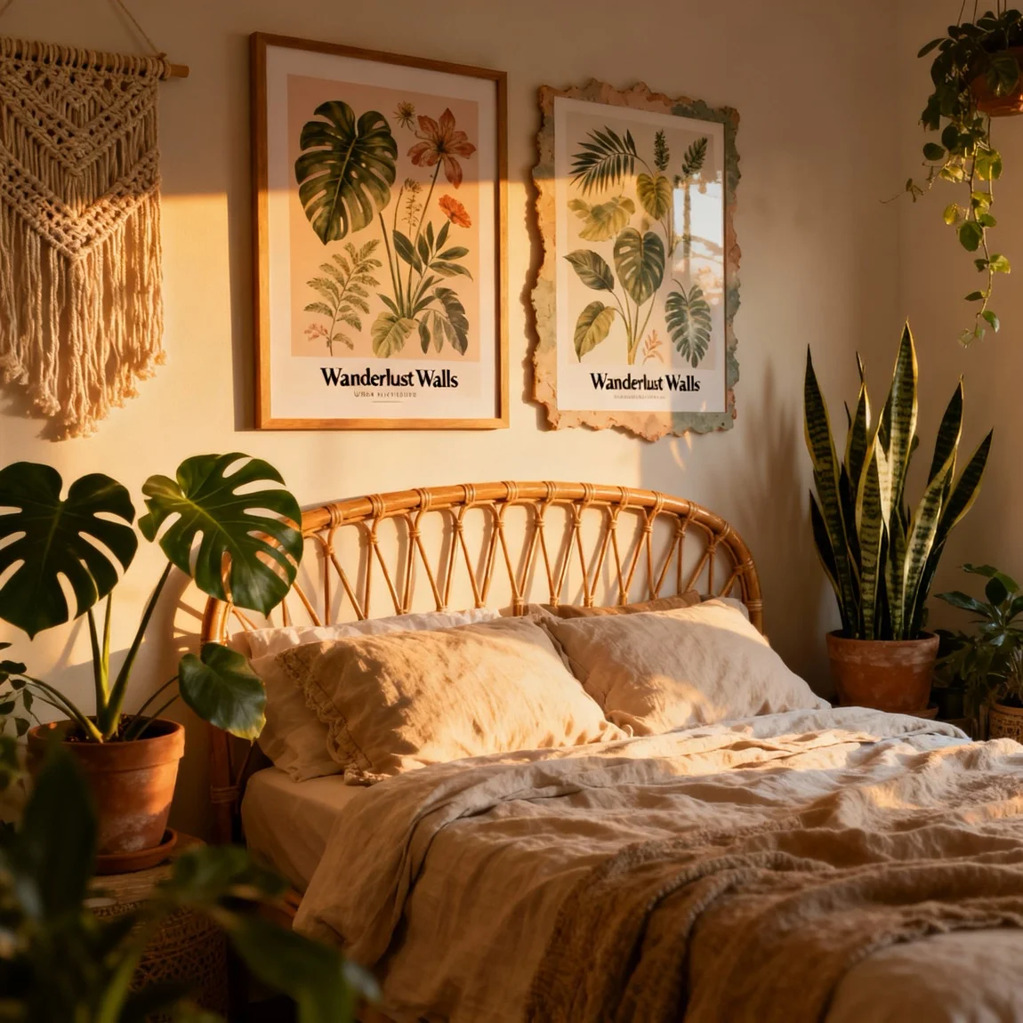 A warm and inviting shot features two framed botanical prints creating a relaxed focal point in a texture-rich bohemian bedroom. - ai product photography