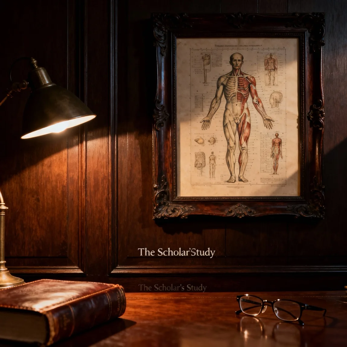 This shot displays a vintage-style framed print within a moody, intellectual 'dark academia' study, evoking a sense of history and sophistication. - ai product photography