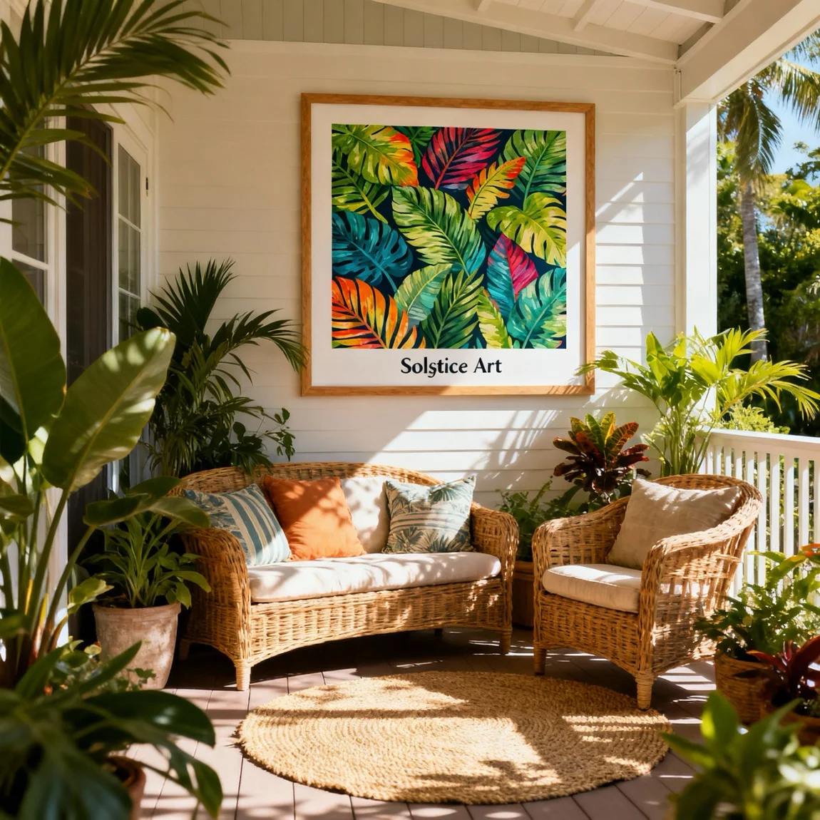 A vibrant, tropical-themed framed print is featured in a bright sunroom, seamlessly blending indoor decor with the freshness of the outdoors. - ai product photography