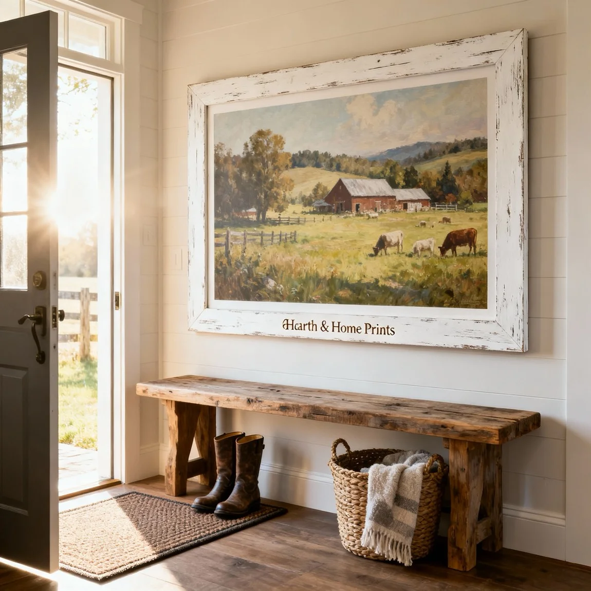 This image captures a large, rustic framed print acting as a warm and welcoming centerpiece in a farmhouse entryway. - ai product photography