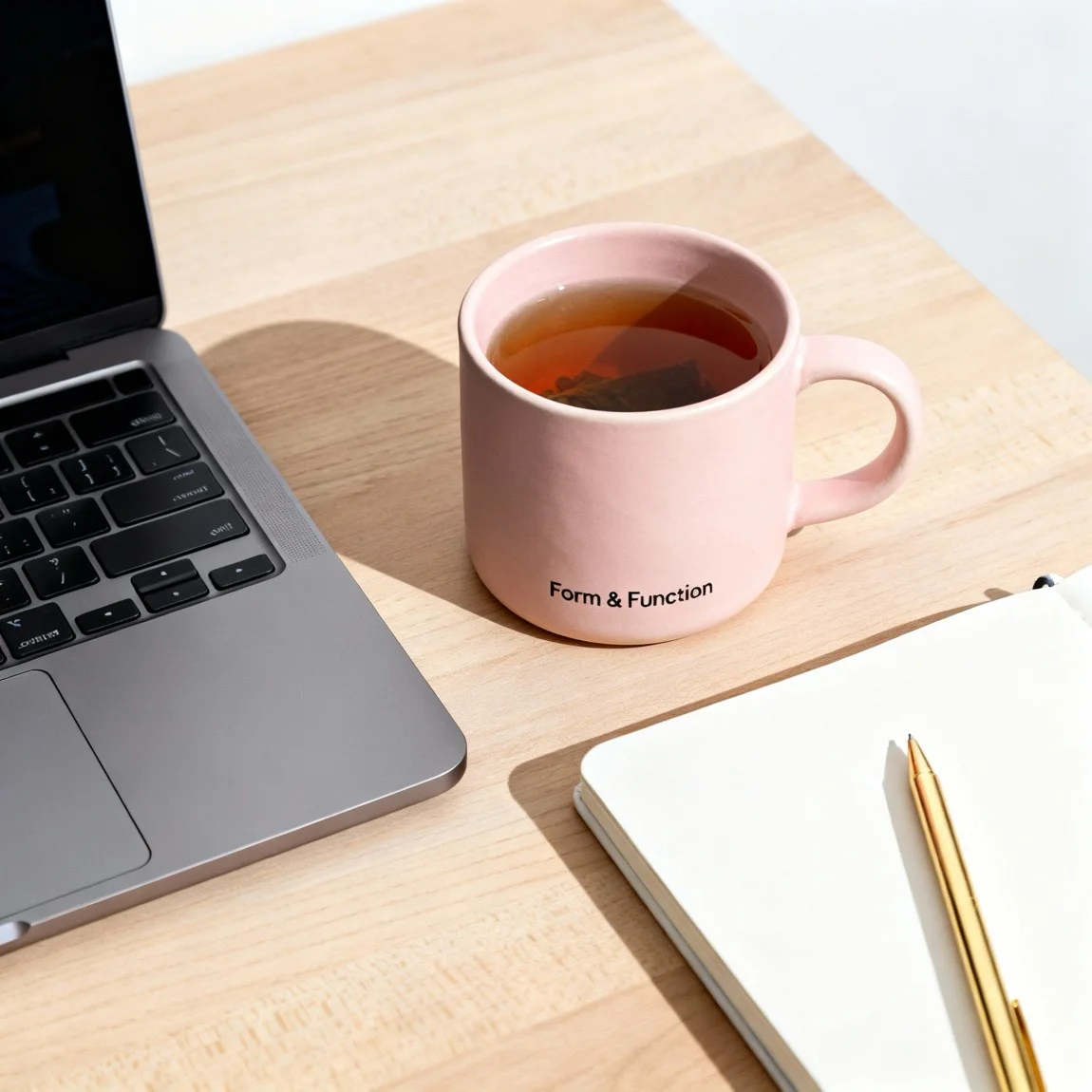 A minimalist Scandinavian-style mug is neatly arranged on a modern office desk in a top-down flat lay. - ai ecommerce photos
