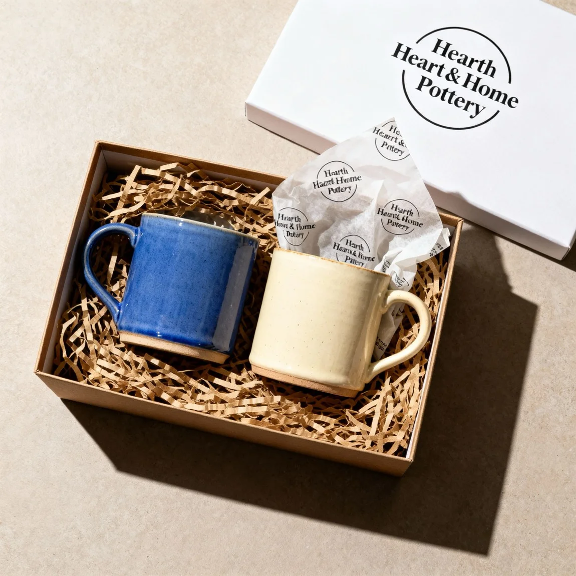 Two handmade mugs are beautifully presented in a branded gift box, creating an elegant unboxing or gifting scene. - ai generated product shot