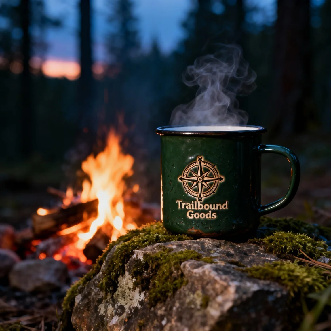 A rugged handmade mug sits next to a campfire in a moody, atmospheric forest setting at dusk. - product photo ai