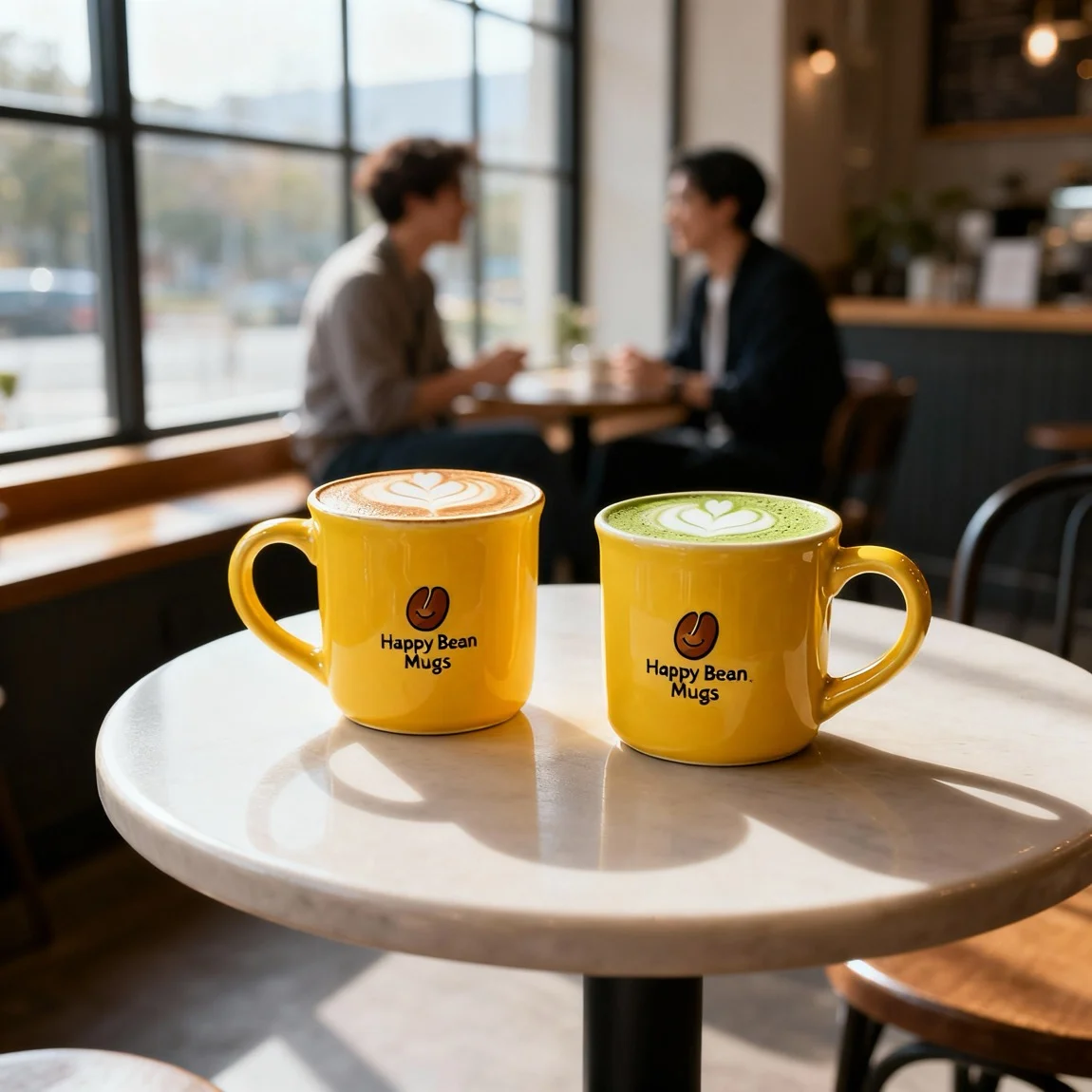 Two vibrant handmade mugs sit on a cafe table, with the background suggesting a lively social atmosphere. - ai product mockup