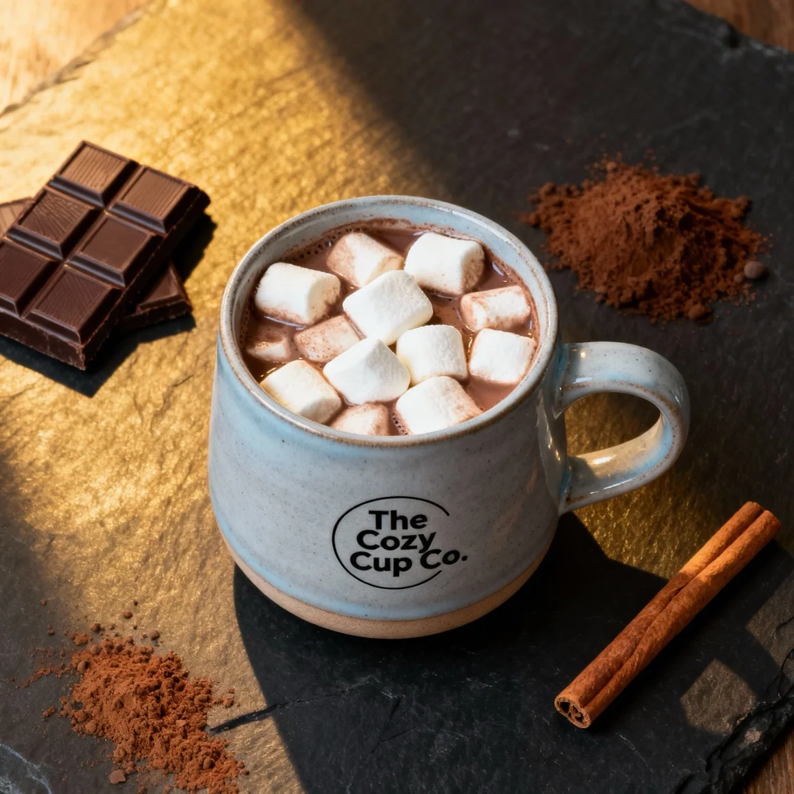 A top-down flat lay displays a handmade mug of hot chocolate surrounded by its delicious, high-quality ingredients. - ai product images for ecommerce