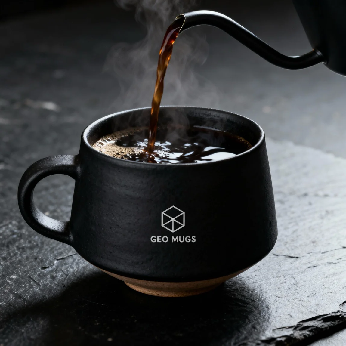 A dynamic action shot shows coffee being poured into a matte black handmade mug, creating a powerful sense of motion. - photoshoot by ai