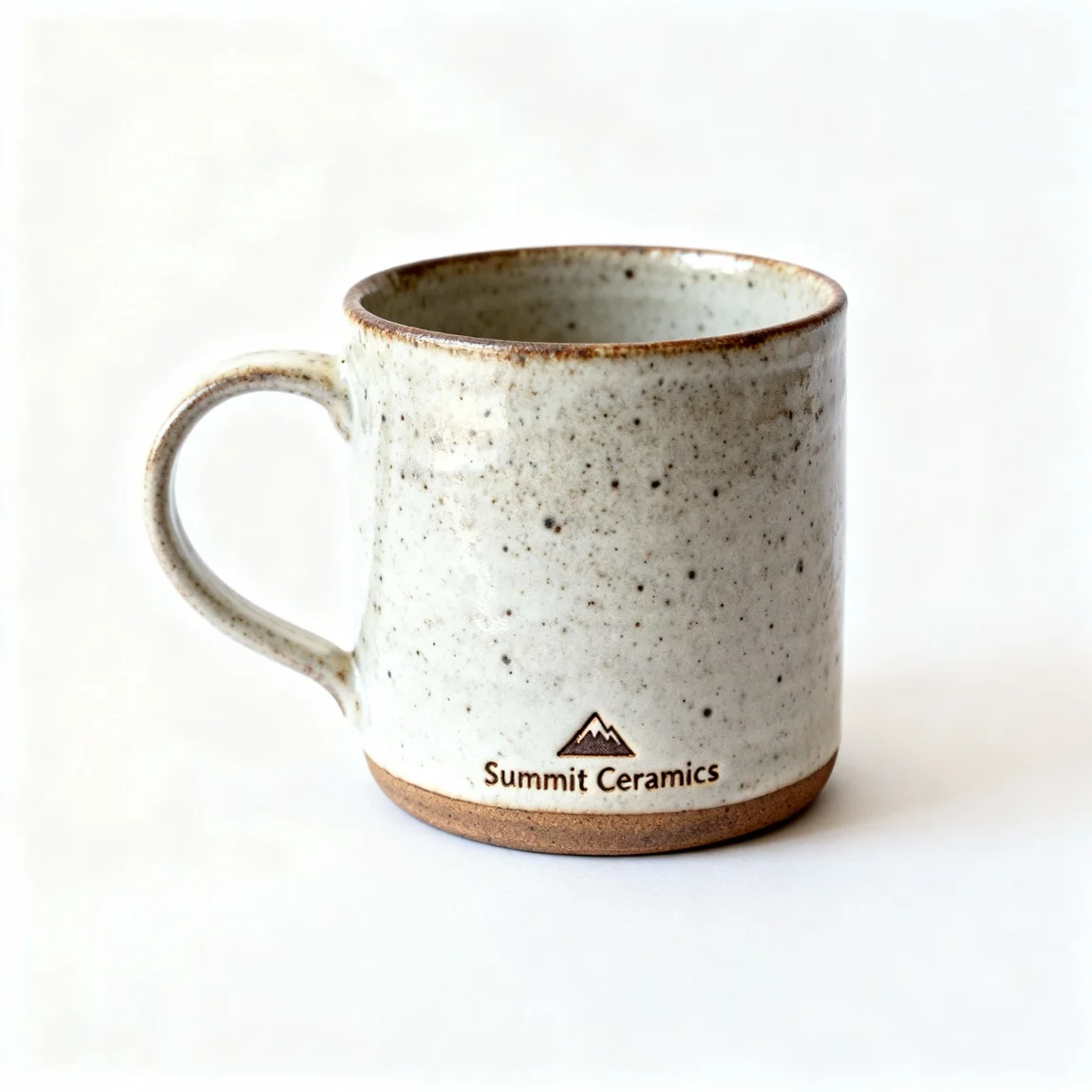 A clean, minimalist studio shot of a rustic ceramic mug is presented on a pure white background. - ai product photography