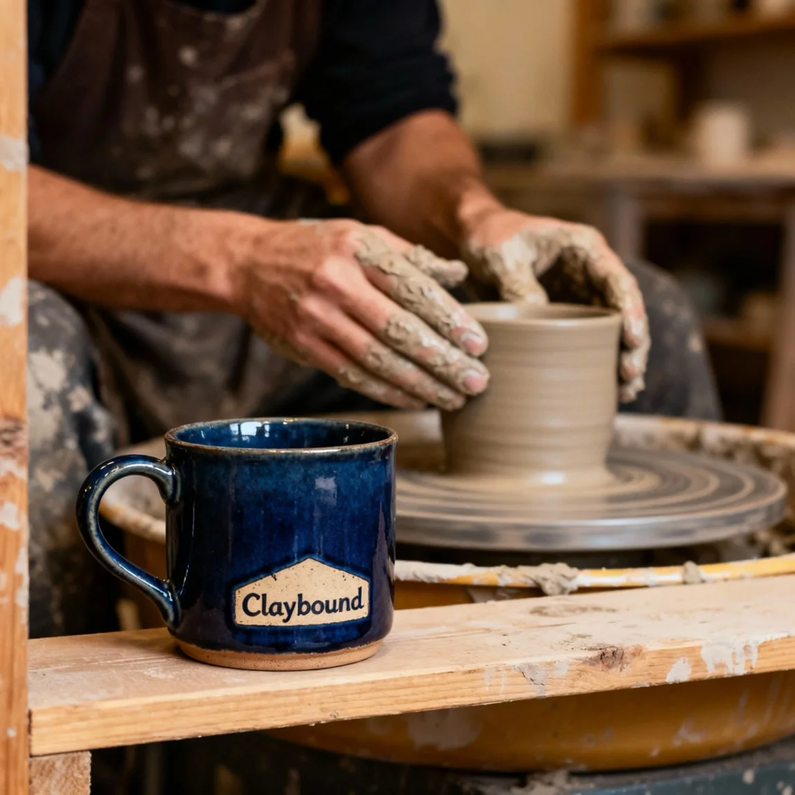 A potter's hands are shown shaping clay on a wheel, with a finished, beautifully glazed handmade mug featured prominently in the foreground. - ai etsy product photos