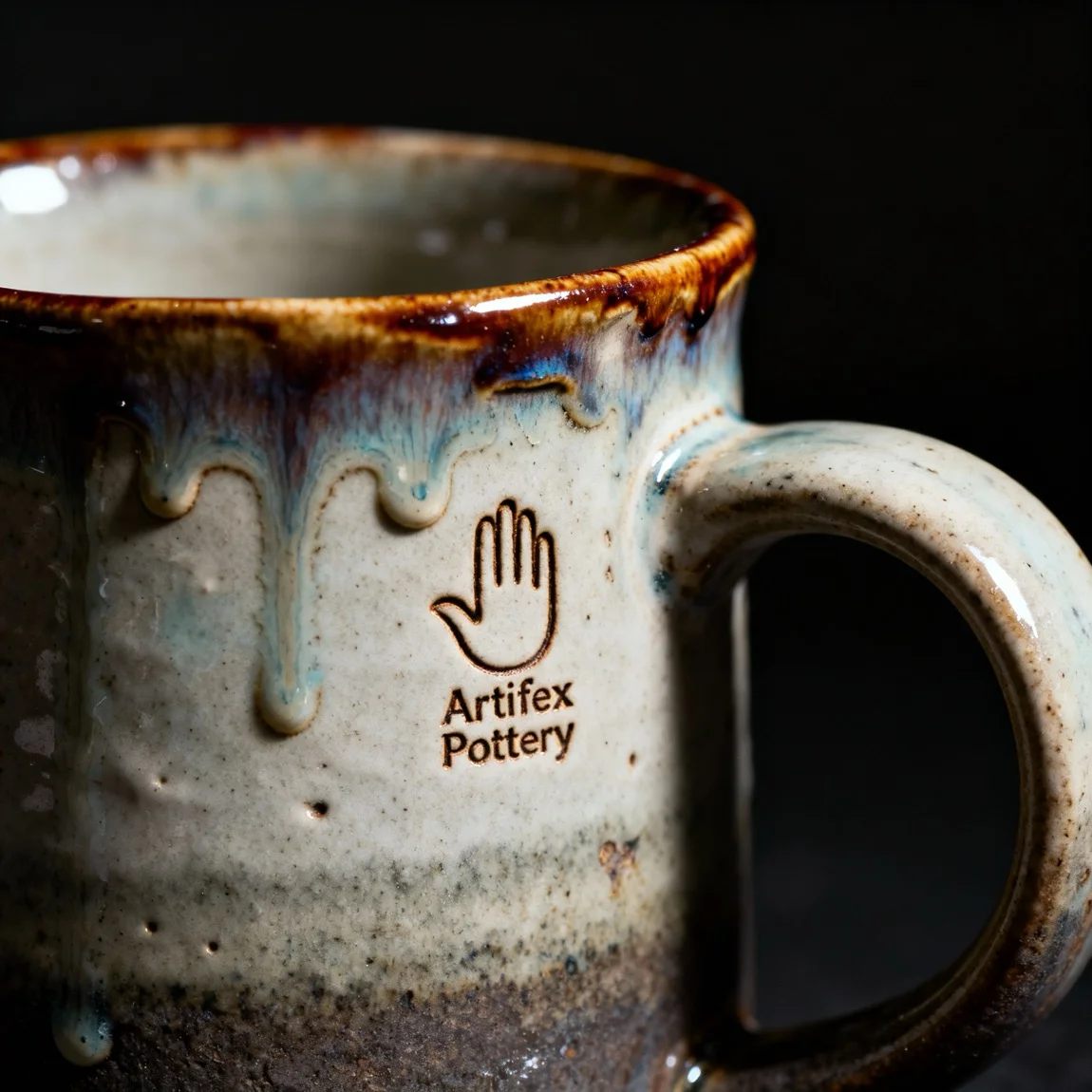 A dramatic macro shot captures the intricate, unique texture and hand-painted details of a handmade mug's glaze. - ai lifestyle product photo
