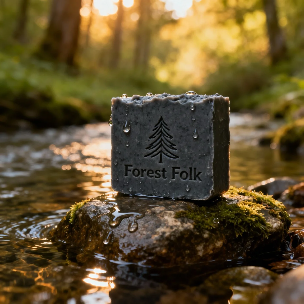 A bar of handmade charcoal soap is presented in a lush, natural forest setting on a moss-covered stone by a stream. - ai product photography