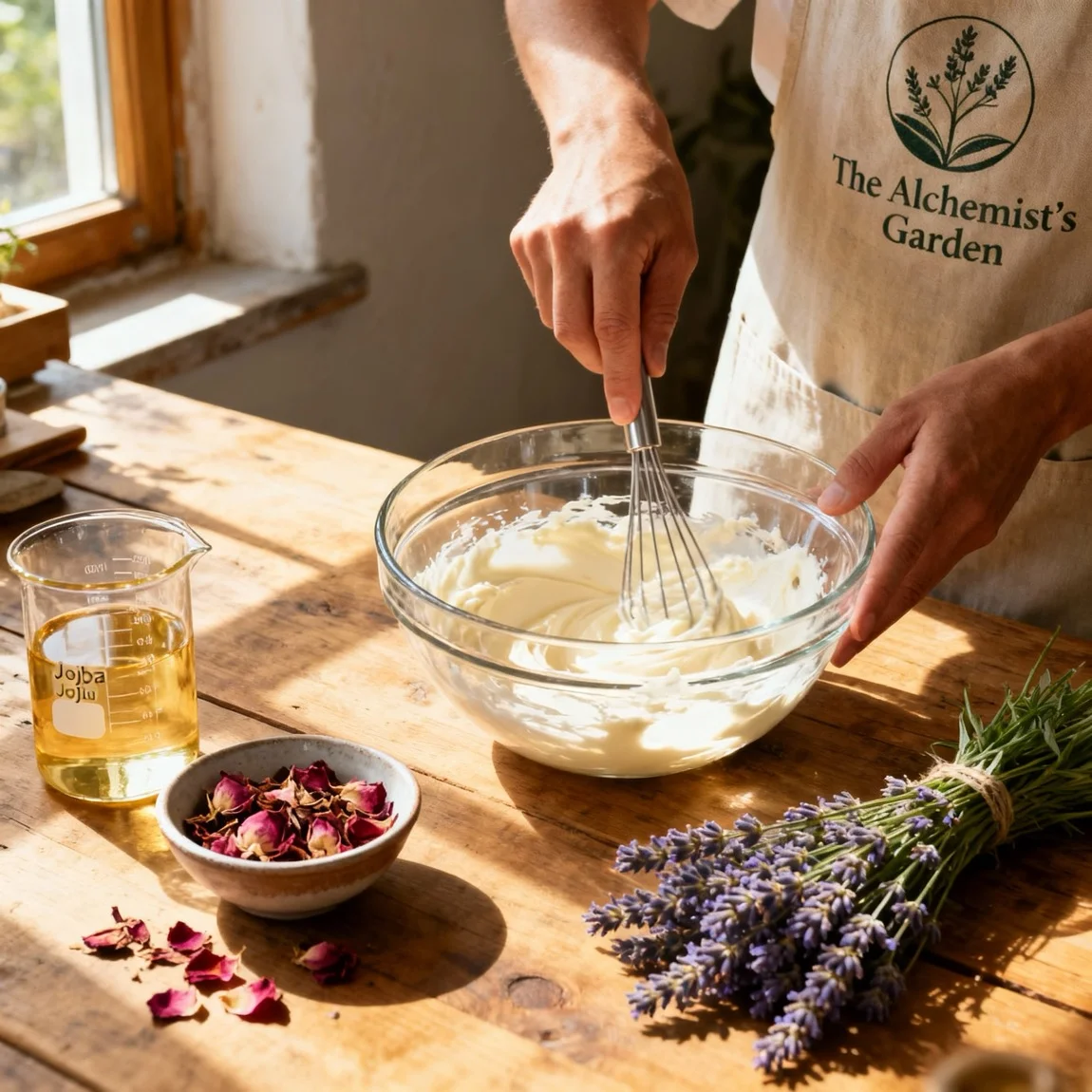 An authentic 'behind-the-scenes' image captures the artisanal process of crafting handmade skincare in a workshop setting. - ai product photography