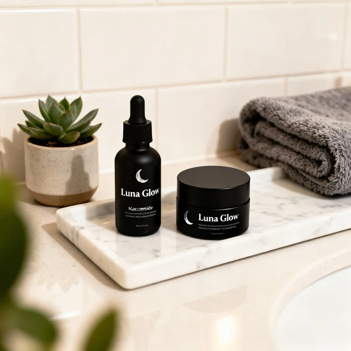 An aspirational lifestyle photo displays handmade skincare products on a stylish and modern bathroom vanity. - ai product photography