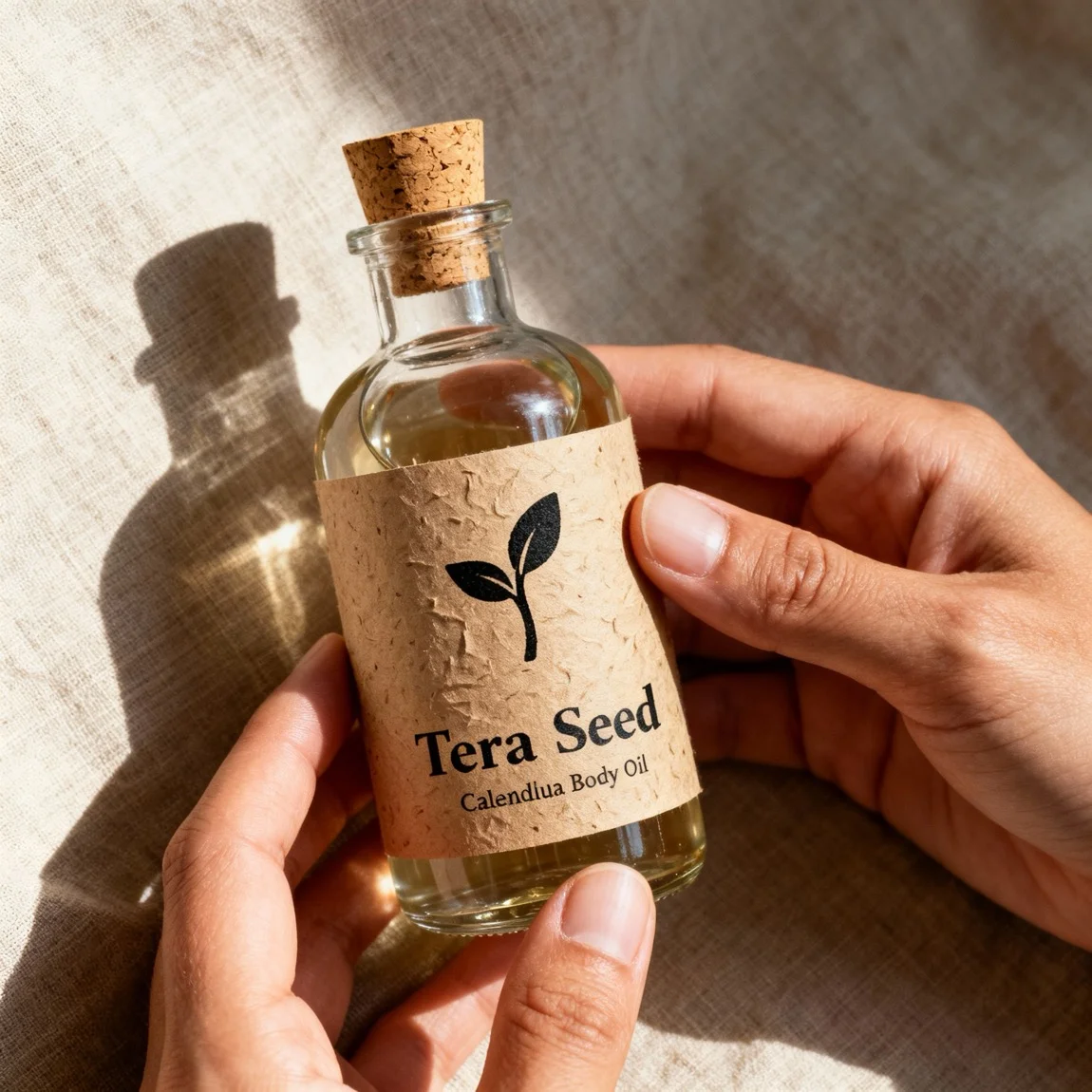 A focused shot highlights the eco-friendly, recycled packaging of a handmade body oil being held by a pair of hands. - ai product photography