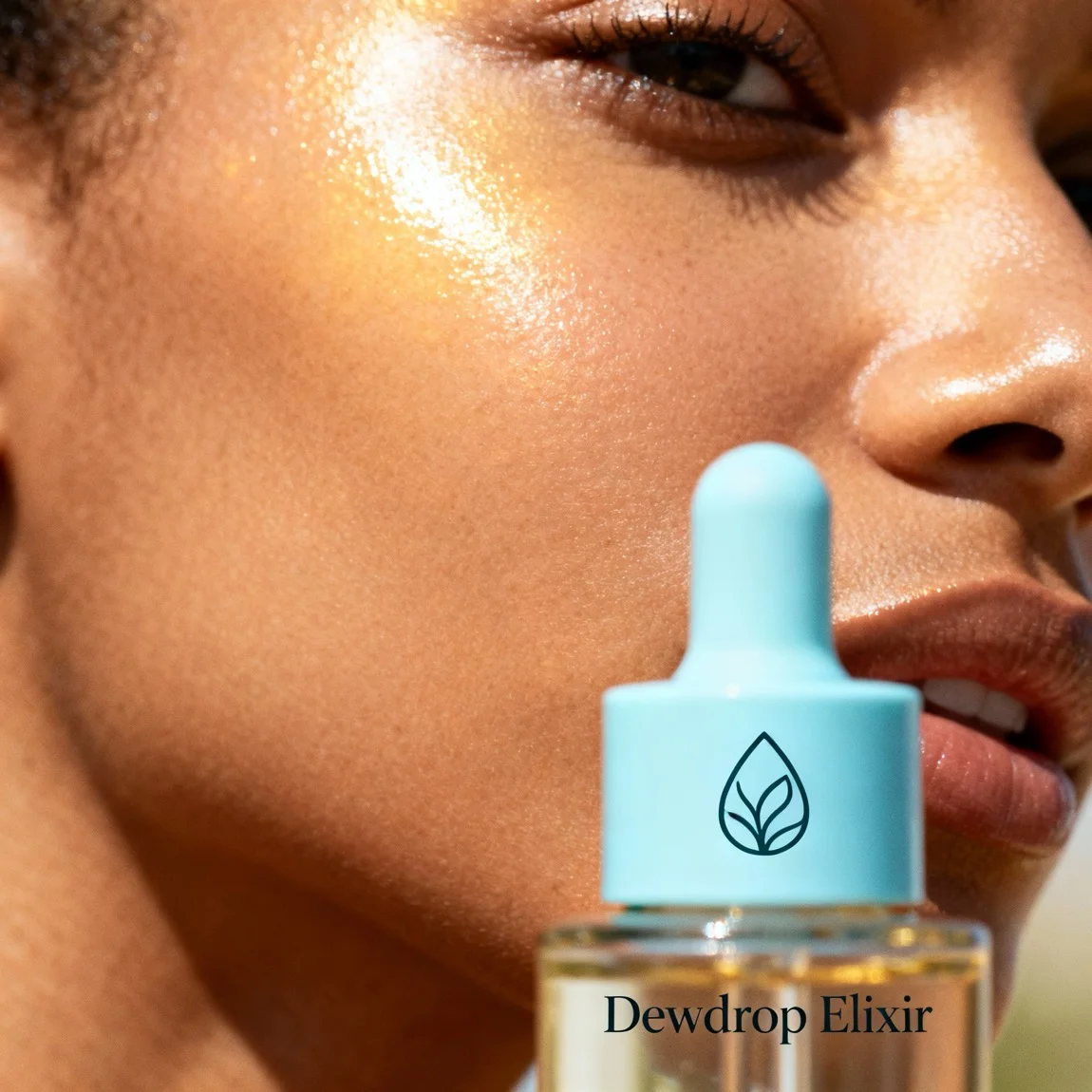 A close-up, artistic shot focuses on a model's glowing, healthy skin, with the skincare product subtly blurred in the foreground. - ai product photography