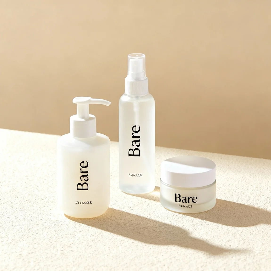 A clean, cohesive shot presents three complementary products from the same handmade skincare collection together. - ai product photography
