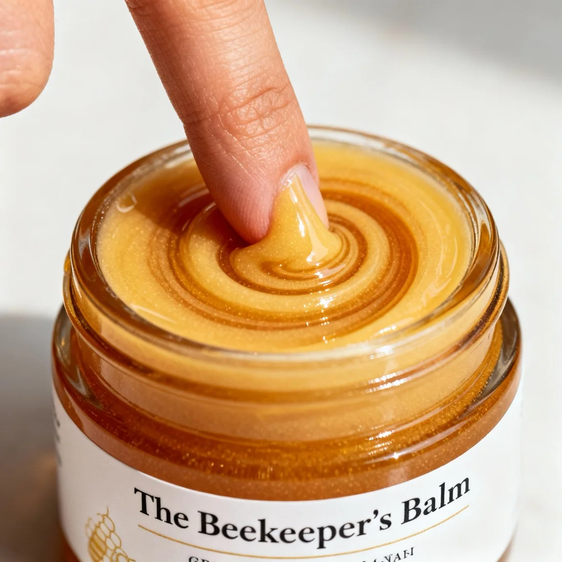 An extreme close-up macro shot focuses on the rich, viscous texture of a honey-based facial balm as a finger dips into it. - ai product photography