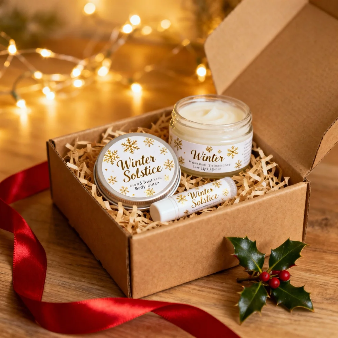 A festive and cozy shot showcases a handmade skincare set beautifully arranged inside a gift box with holiday decorations. - ai product photography